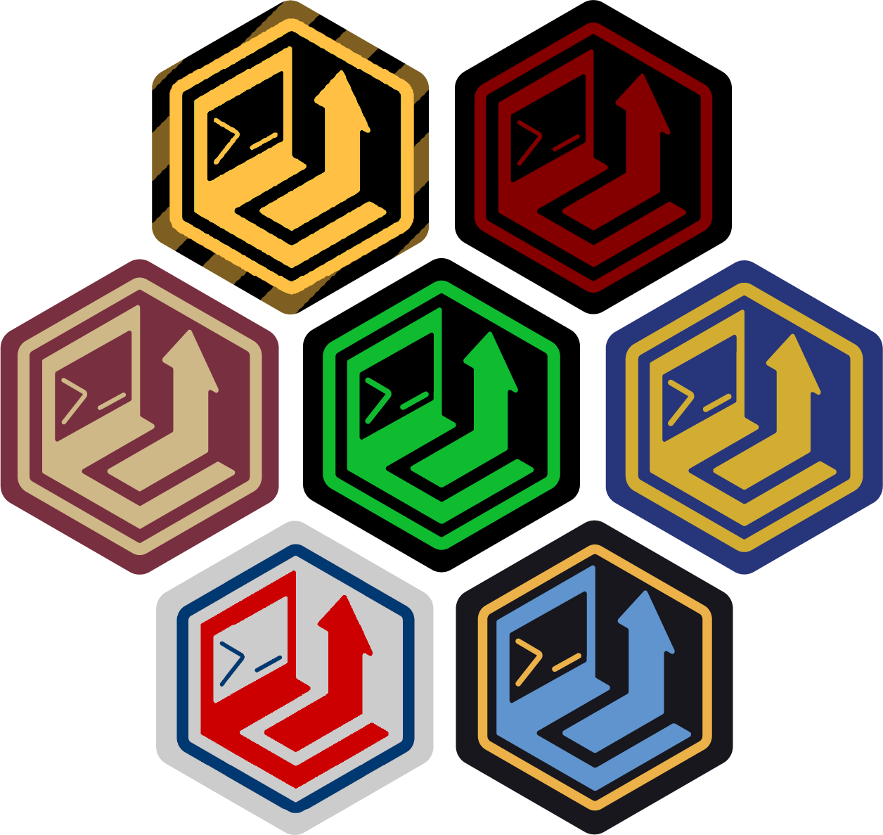 Various DevLUp branch logos arranged in a honeycomb.