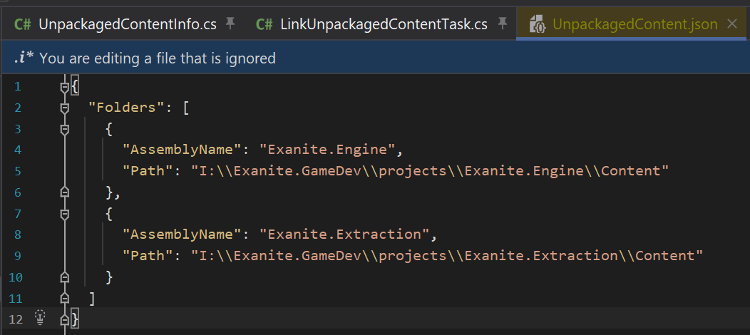 Today I added a custom MS Build task to my engine.

The task is used during the "development" mode of my game where content is still unpackaged and not combined into a single folder.
To make development easier, the game needs to directly load content from the raw content folders and treat them as if they were a single folder.

This task generates the following file, which contains the raw content folders in the order that they should be loaded in:
