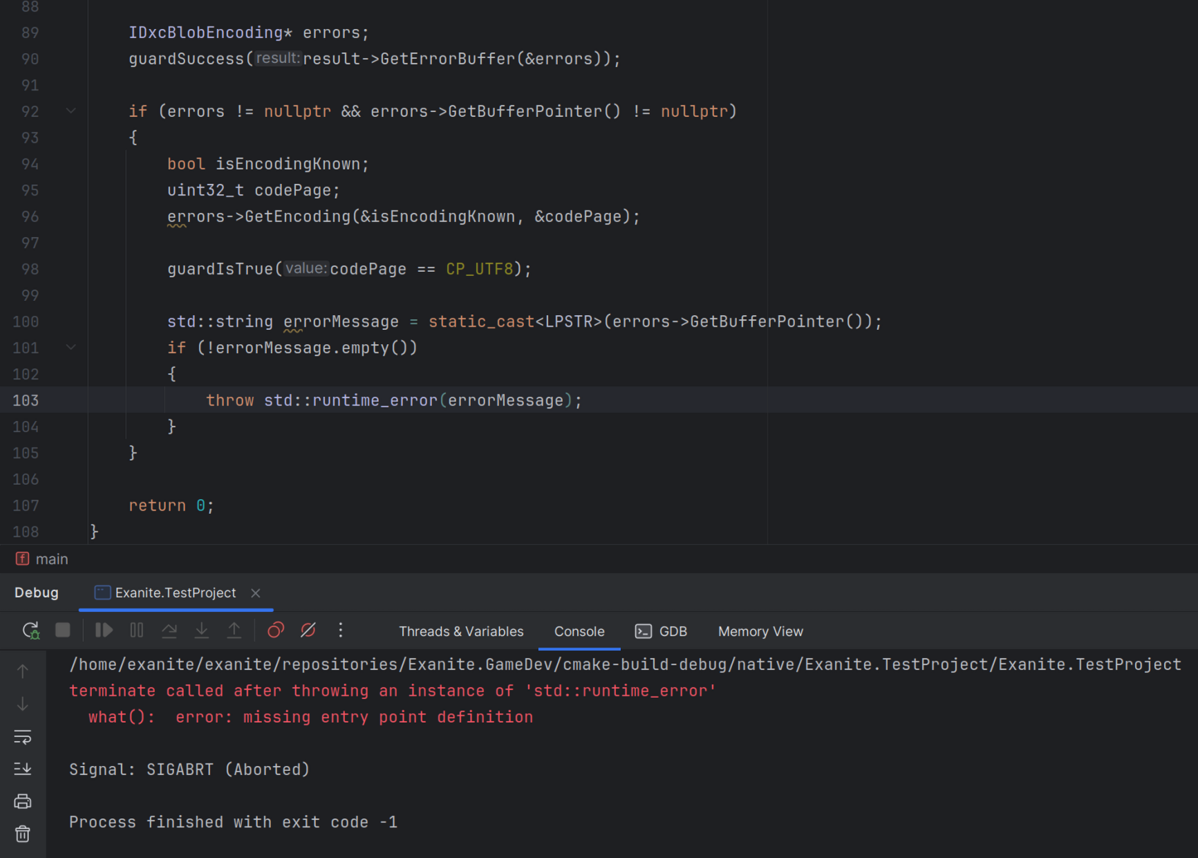 Today I experimented with working with the DirectX shader compiler from the C++ side, mainly to debug an issue I had when trying to compile shaders in my engine on Linux.

With the C++ version, I'm able to both successfully compile an empty shader and get an error when I provide an invalid shader.
With the C# version, I simply get an "Internal compiler error" message regardless of the input shader. Not really helpful.

So far I see a few minor differences between the C++ and C# code, but nothing that jumps out to me as being the problem.
I'm guessing it's due to string encoding differences or something obscure.